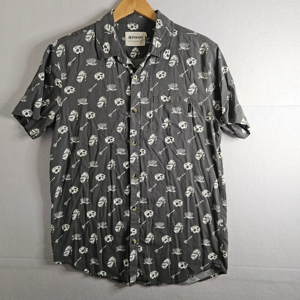 Pyknic Mens Large Gray Skull Cereal Milk Graphic Short Sleeve Button Down Shirt